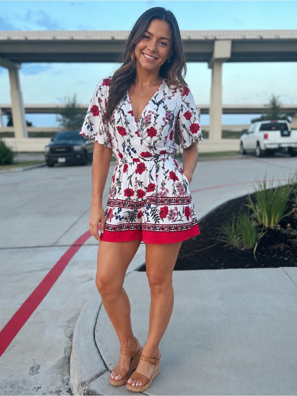 Trixxi White Romper with Red Floral Print